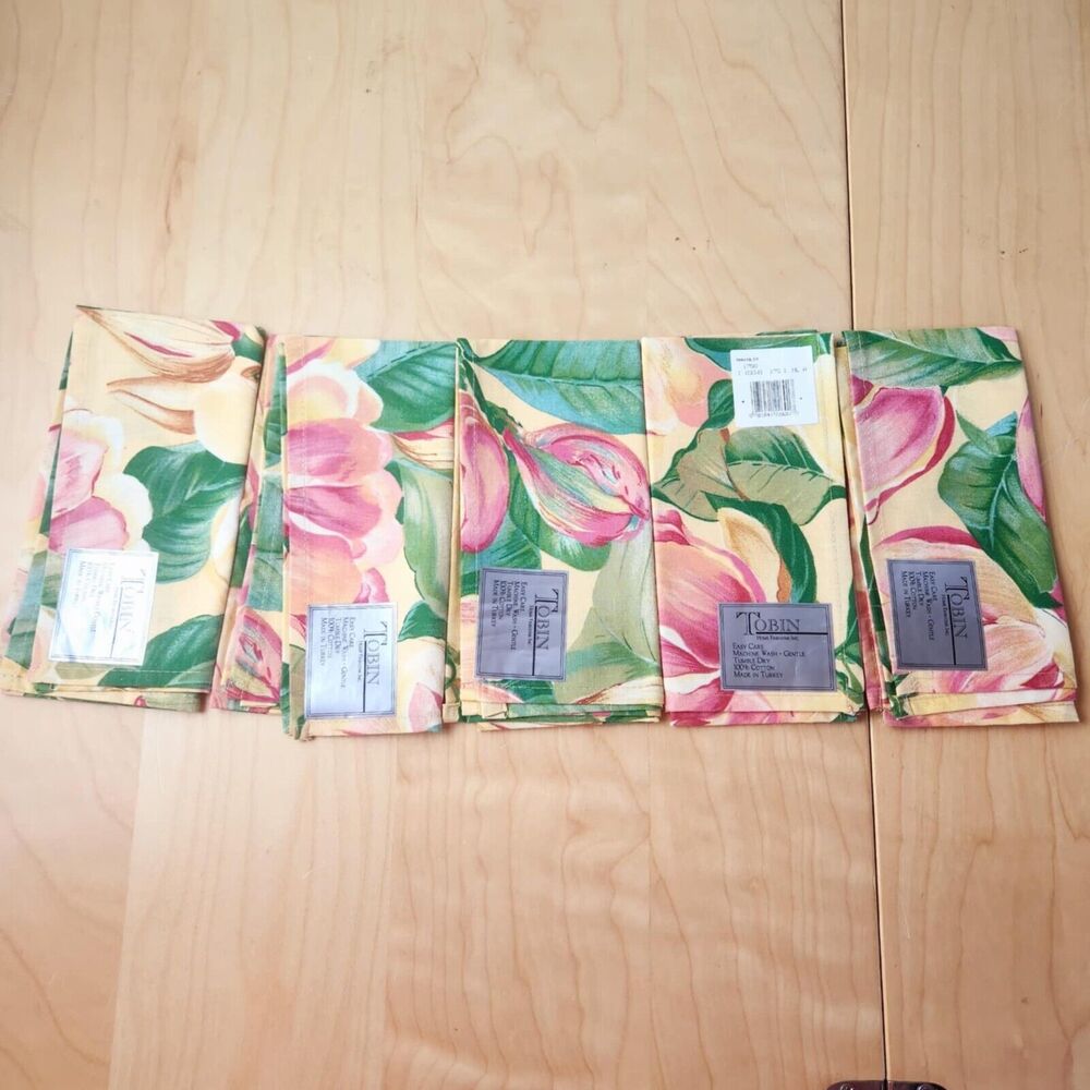Tobin Set of Ten (10) Magnolia Cloth Napkins 100% Cotton 16" x 16" Yellow Pink - Picture 7 of 8